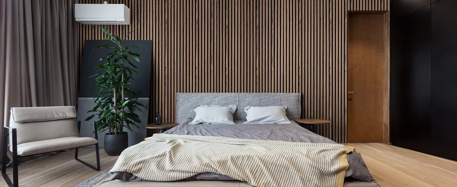 Wood slat acoustic panel living room